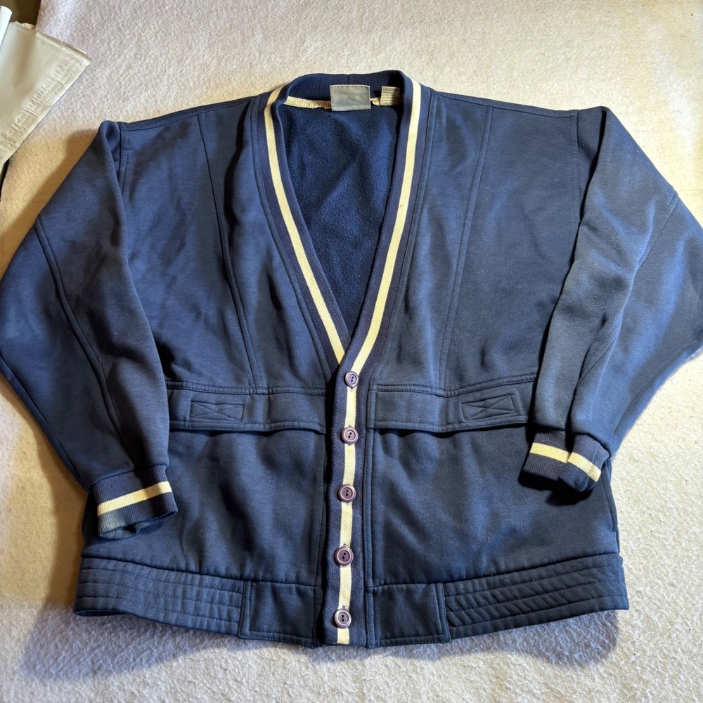 Claybrooke Sport Mens Large Navy Blue‎ Fleece Letterman Cardigan Vintage 90s